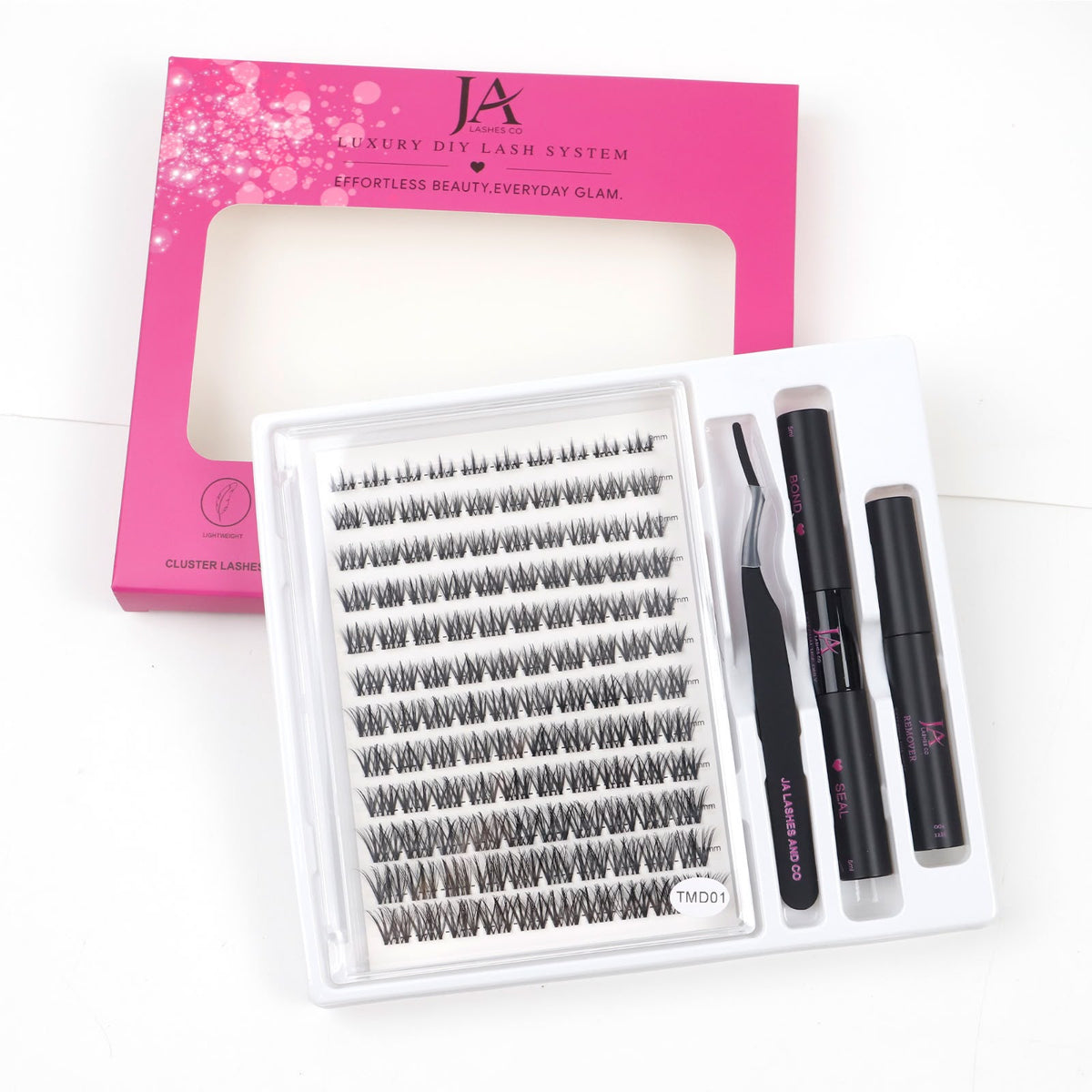DIY Cluster Lash Extension Kit | Waterproof Bond & Seal | XL Cluster Lash Tray | Lash Remover & Tweezers | JA LASHES & CO
