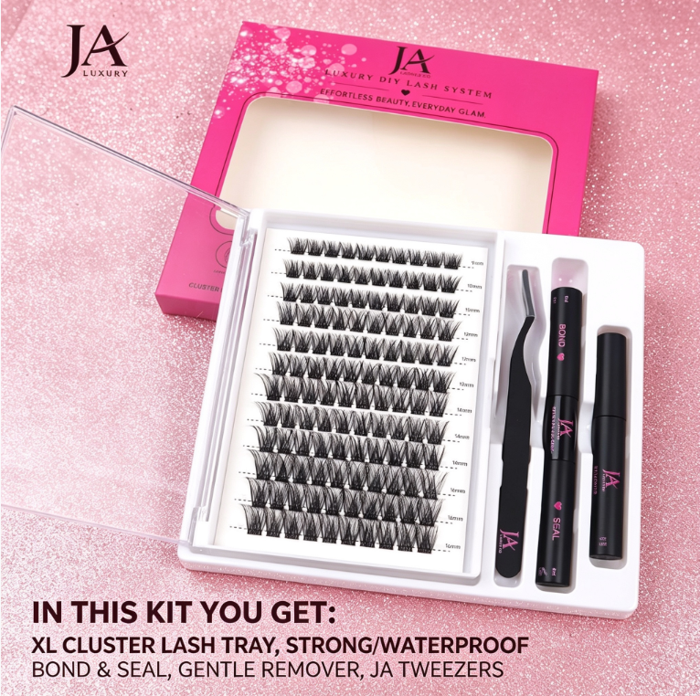 Luxury DIY Cluster Lash Extension Kit | Waterproof Bond & Seal | XL Cluster Lash Tray | Lash Remover & Tweezers | JA LASHES & CO