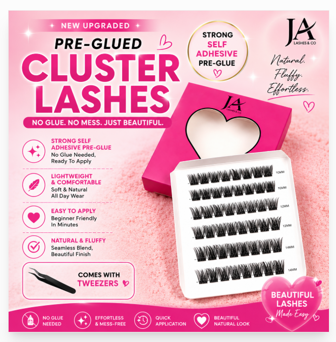 Luxury Preglued Cluster Lashes | No Glue Needed | Reusable DIY Lash Extensions | Tweezers Included | JA LASHES & CO